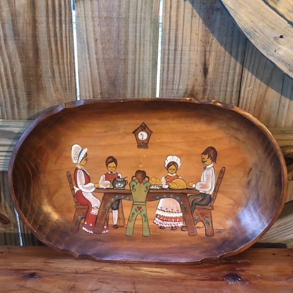Vintage 80s Folkart Tole Painted Hand Carved Wooden Serving Tray - Picture 1 of 4